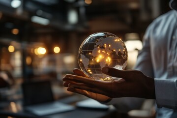 Two hands present an illuminated digital globe, symbolizing global connectivity and the impact of technology on communication in a modern office setting.