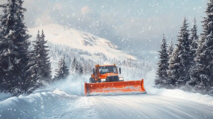 A bright orange snowplow clearing a road in a snowy mountain pass, with heavy snowfall and pine trees on either side.