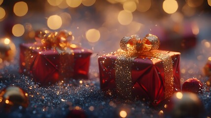 Two red gifts with gold bows in sparkling snow.