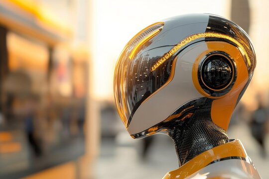 A close-up of a futuristic robot head with a sleek design, featuring shiny surfaces and integrated glowing elements, symbolizing modern AI and robotic innovations.
