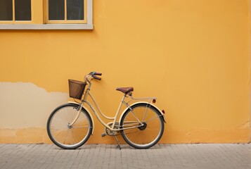Fototapeta premium Cream Bicycle Leaned Against a Yellow Wall
