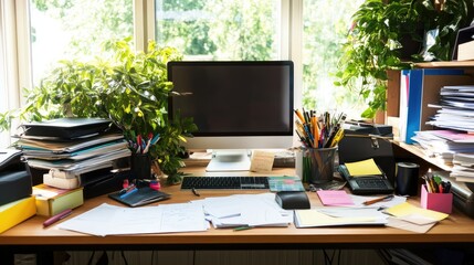 Bright and Organized Home Office Workspace with Green Plants