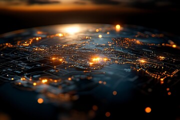 A close-up image of a glowing digital map overlaying a curved surface represents global data flow and connected networks in a futuristic technology setting.