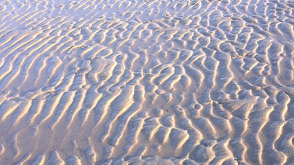 Beige sands shaped by tidal movement glisten with golden sunlight, highlighting fine textures, rhythmic patterns, geometric harmony found in coastal landscapes natural elegance concept.