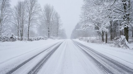 Winter road covered in snow, with tire tracks visible and trees blanketed in white