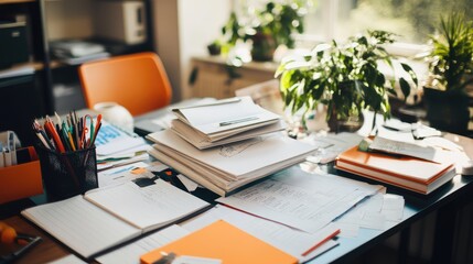 Organized Chaos of Office Desk with Papers and Green Plants