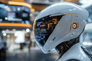 A high-tech robotic head showcasing a digital interface on the faceplate, featuring bright interface elements, illuminating in a futuristic, tech-themed environment.