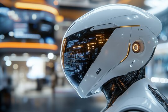 A high-tech robotic head showcasing a digital interface on the faceplate, featuring bright interface elements, illuminating in a futuristic, tech-themed environment.