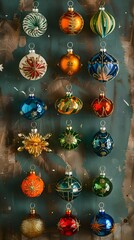 Vintage Christmas ornaments arranged on textured background.