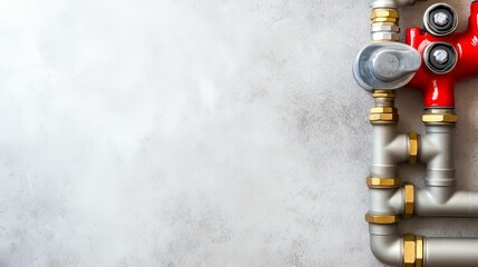 Industrial plumbing system with metal pipes and valve on concrete wall