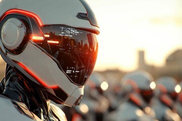Fototapeta premium A sleek, white futuristic robot stares ahead, its black helmet reflecting a city skyline, illuminated by ambient lights, suggesting intelligence and technology.