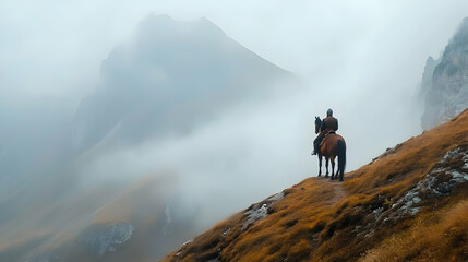 A lone rider on horseback gazes over a misty mountain landscape.