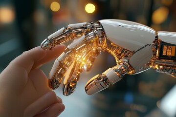 A human and a robot fingertip touching, symbolizing the intersection of technology and humanity in a bright, futuristic setting with glowing elements.
