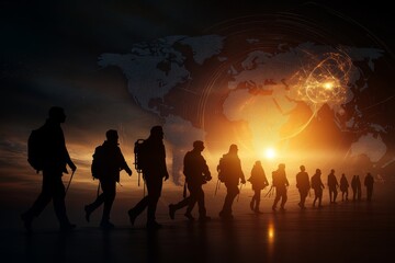 Fototapeta premium Silhouettes of hikers trek across a horizon with a glowing world map, representing adventure, global exploration, and the spirit of discovery in modern times.
