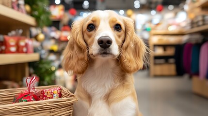 Cute Dog with Fluffy Ears Sitting in a Festively Decorated Store Aisle Surrounded by Holiday Cheer and Colorful Gifts and Decorations
