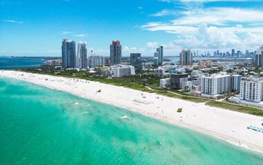 Drone aerial view of Miami Beach, Florida.