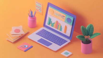 Laptop displaying colorful data charts, surrounded by stationery, plant, and notebooks on a yellow background.