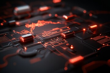 A high-tech circuit board design featuring a subtle world map overlay with striking red elements, signifying the fusion of geography with technology.