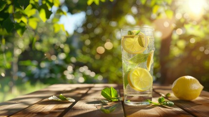 Refreshing lemonade drink outdoor garden setting natural beverage photography bright sunny environment close-up viewpoint