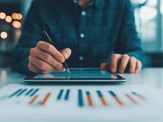 A person using a tablet to analyze graphs and data, highlighting the importance of technology in business and decision-making.