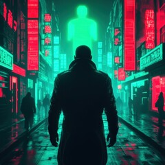 A mysterious figure stands in a neon-lit urban landscape, illuminated by glowing signs and a large digital silhouette in the background.