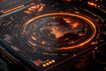 A high-tech digital interface reveals an illuminated global map, showcasing data connectivity and technological advancement across the world.