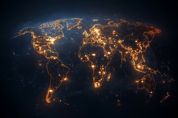 An artistic depiction of the world map featuring a network of illuminated connections and vibrant lighting effects, symbolizing the digital age and globalization.