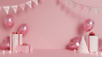 Pink Gift-Decorated Background with Balloon and Party Hats 3D Render Description: