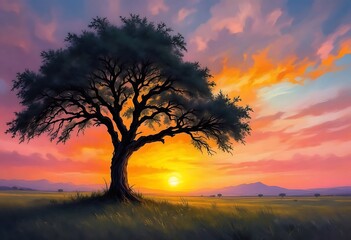 Fototapeta premium Amazing sunset and sunrise.Panorama silhouette tree in africa with sunset. Dark tree on open field dramatic sunrise.Safari theme.Giraffes , Lion , Rhino 