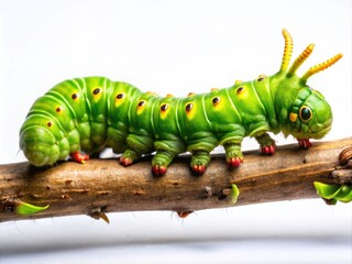 Big Green Caterpillar Fashion Photography,  Isolated Branch, White Background,  High-Resolution, Studio Shot, Macro Photography, Insect Fashion, Nature Inspired