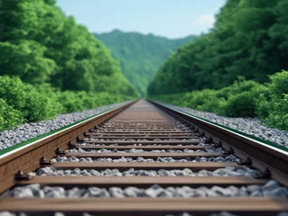 Gordijnen A serene view of railway tracks stretching into the distance, flanked by lush greenery and mountains under a clear sky. © Jeannaa