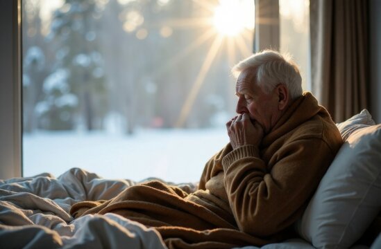An elderly man with gray hair is sick. He is sitting at home on the couch, covered with a warm blanket. He is sneezing and coughing, covering his mouth with his hands. Cold season