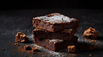 Stack of brownies on black background. Delicious homemade chocolate dessert, brownie with sugar powder, copy space.