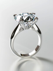 A diamond engagement ring featuring a prominent round-cut stone set in a sleek silver band.