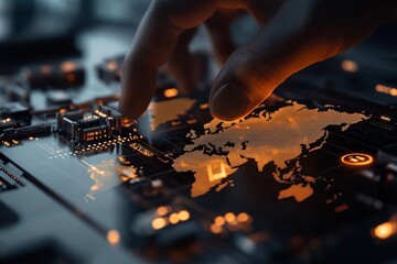 A digital hand reaches out to a world map embedded within a circuit board, showcasing the interconnectedness of technology and geography in our globalized world.