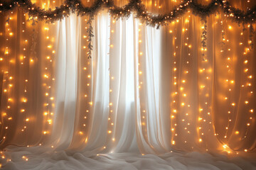 White curtain backdrop with warm string lights creating cozy ambiance.