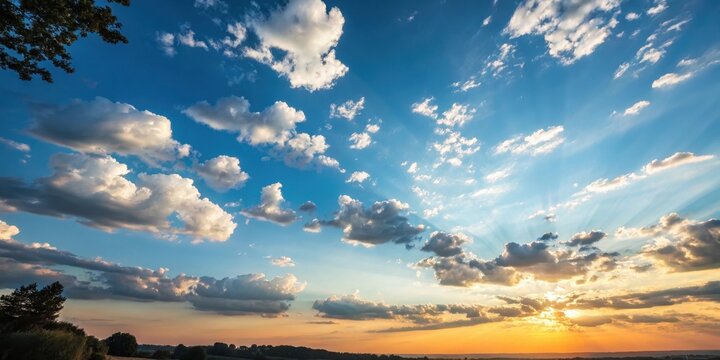 A breathtaking panorama of a sunset sky, showcasing vibrant colors and dramatic cloudscape with sun rays