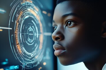 A person closely observing a digital interface with holographic elements, representing curiosity, engagement with technology, and the quest for knowledge.