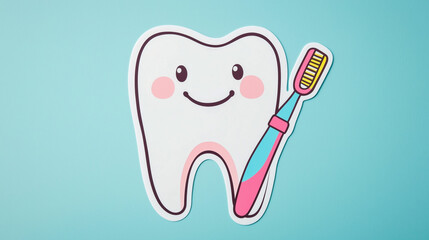 Cartoon tooth character promoting dental hygiene with toothbrush on light blue background