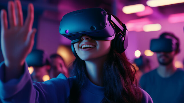 Excited female gamer wearing a virtual reality headset engages with others in a lively gaming event at an indoor location. Generative AI