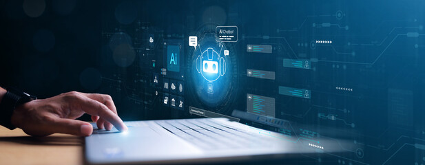 Humans interact with AI artificial intelligence brain processor in the concept of artificial intelligence engineering AI big data and artificial intelligence machine learning to use general AI for UU