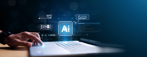Humans interact with AI artificial intelligence brain processor in the concept of artificial intelligence engineering AI big data and artificial intelligence machine learning to use general AI for UU