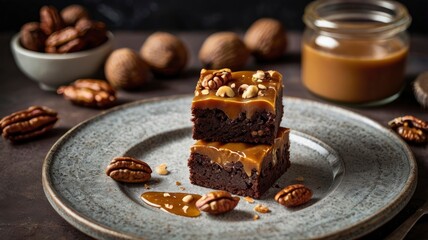 Traditional homemade brownies with salted caramel and pecan nuts