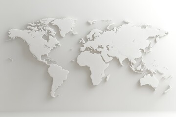 A sleek, minimalist white world map embossed on a wall, offering an artistic and modern representation of global geography in a clean and elegant style.