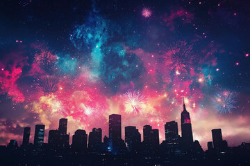 Vibrant explosion of colorful fireworks lights up night sky above silhouetted city skyline. Glowing bursts create a dramatic and festive atmosphere, blending urban energy with celebratory brilliance.