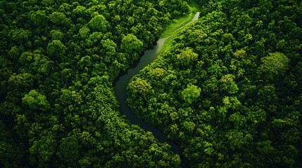 A top-down view of a lush green forest, with dense trees and a winding river running through it