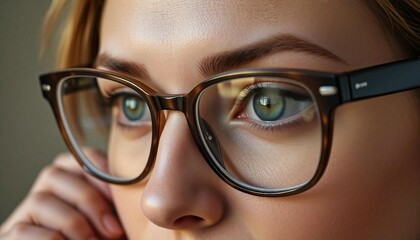 Close up eyes detail of woman wearing glasses working on project, strategy business plan, concentration.