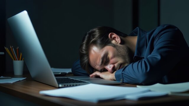 Exhausted man sleeping on desk, laptop open, papers scattered, n