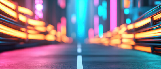 Fototapeta premium Futuristic Asian Cityscape, vibrant urban environment filled with intricate wires and dazzling colorful lights, showcasing advanced architecture and energy.