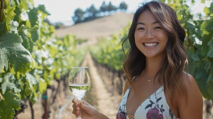 Fototapeta premium In a picturesque vineyard bathed in sunlight, a cheerful woman delights in tasting wine, savoring flavors as she stands among lush grapevines, embodying relaxation and charm